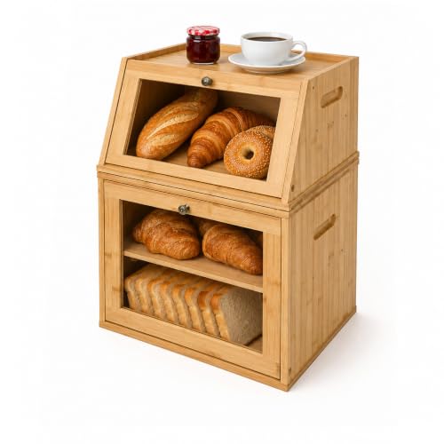 2 Tier Detachable Bamboo Bread Box for Kitchen Countertop