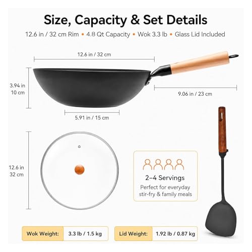 12.6 Inch Carbon Steel Wok Pan with Glass Lid and Spatula (12.59 Inch Flat Bottom)