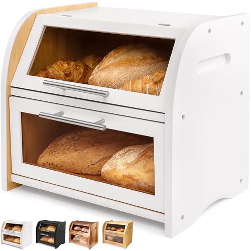 Arise Bamboo Wooden Bread Box for Kitchen Countertop (White)