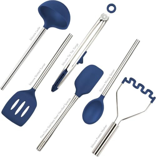 Silicone Cooking Utensil Set of 6 Stainless Steel Handle Ladle Slotted Turner Tongs Flex Core Spatula Scraper Mixing Spoon & Potato Masher (Deep Indigo)