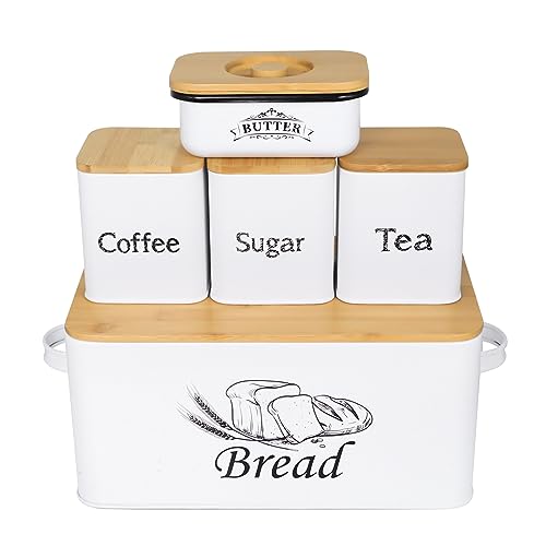Bread Box with 3pcs Jars Coffee Sugar Tea for Kitchen Countertop White Metal Bread Box with Bamboo Board Cover Pastry Storage Container Set Kitchen decor (Bread Box with Butter Dish)