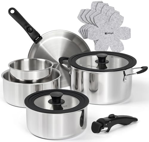 14pcs Tri Ply Stainless Steel Cookware Set with Detachable Handles