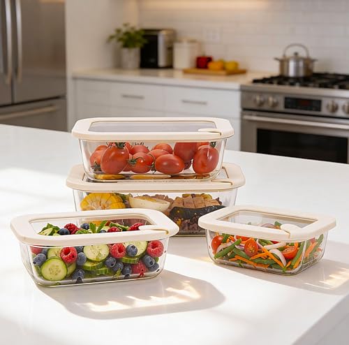 Glass Food Storage Containers with Glass Lids (‎Ivory White -4p)