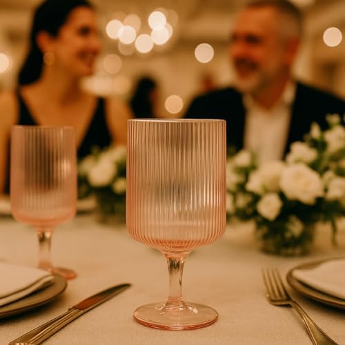 Ripple Textured Blush Pink Stemmed Glass Wine Goblets