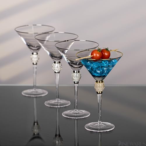 4 Piece Premium Clear Stem Crystal Martini Glasses with Gold Rim and Diamond