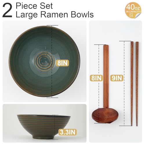 8 Inch Ceramic Ramen Bowl Set of 2 (Dark Teal)