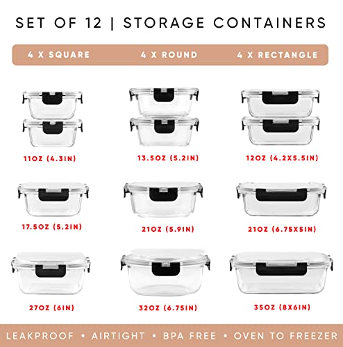 24pc Borosilicate Glass Storage Containers with Lids (Color Black)