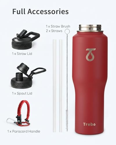 32 oz Water Bottle Insulated Fits in Any Car Cup Holder with 2 Lids (32 Ounces / Red)