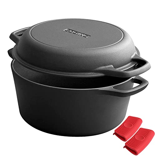 2-in-1 Pre-Seasoned Cast Iron Dutch Oven Pot with Skillet Lid Cooking Pan, Cast Iron Skillet Cookware Pan Set with Dual Handles, Indoor Outdoor for Bread/Frying/Baking/Camping/BBQ, 5 Qt (5QT)