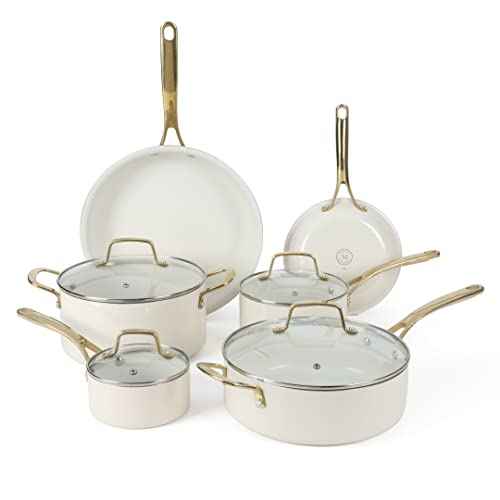 Lockton Premium Non stick Non Toxic PFA Free Ceramic Interior 10 Piece Heavy Gauge Enamel Aluminum Pots and Pans Cookware Set