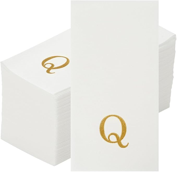 Luxenap 15.8 X 7.9 Inch Linen-Feel Guest Towels, 50 Lettered Hand Towels - Gold Letter 'Q', Sans Serif Font, White Paper Dinner Napkins, airlaid, For Restrooms And Tables