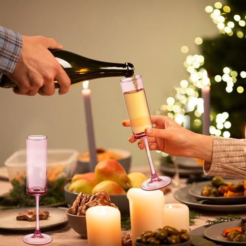 12 PCS Pink Crystal Champagne Flutes 6 OZ Wine Glass Long Stem Drinking Colored Glasses (12 Count)