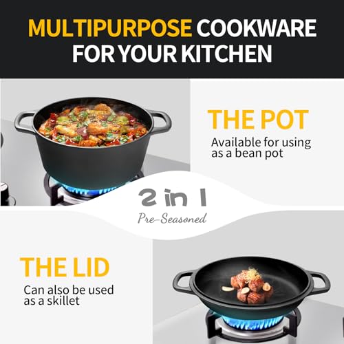 2-in-1 Pre-Seasoned Cast Iron Dutch Oven Pot with Skillet Lid Cooking Pan, Cast Iron Skillet Cookware Pan Set with Dual Handles Indoor Outdoor for Bread, Frying, Baking, Camping, 7QT (7QT)