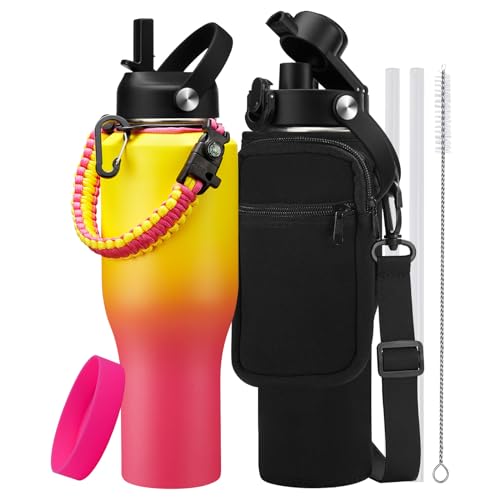 32 40 oz Water Bottle with Straw & Spout Lid (Yellow Pink / 40 Ounces)