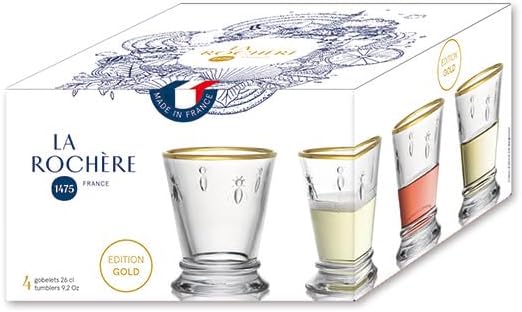 La Rochere Gold Rimmed Napoleon Bee Tumbler Set of 4 – La Rochere Bee Glassware Sets – Gold Rimmed Glassware (10 oz)