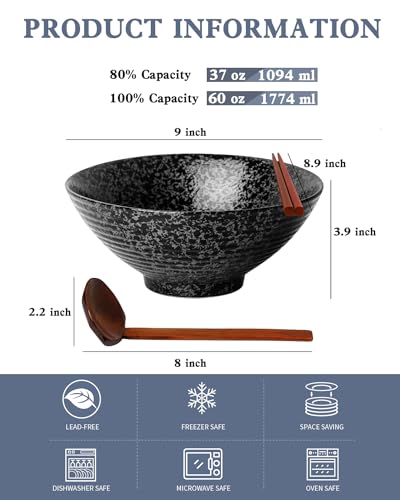 Ceramic Japanese Ramen Bowl Set (9 Inch / Black)