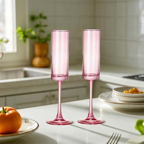 24 Pieces Pink Champagne Flutes 6 OZ Straight Sided Wine Glasses Champagne Long Stem Drinking Colored Glasses (24 Count)