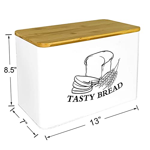 Bread Box for Kitchen Countertop White Metal Bread Box with Bamboo Board Cover Pastry Storage Container Set Kitchen decor (US-Bamboo White Box)