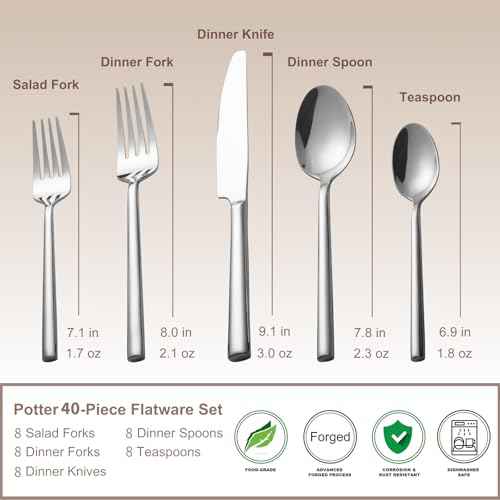 Potter 40 Piece Forged Silverware Set Stainless Steel Flatware Set Cutlery Set (10 Count)