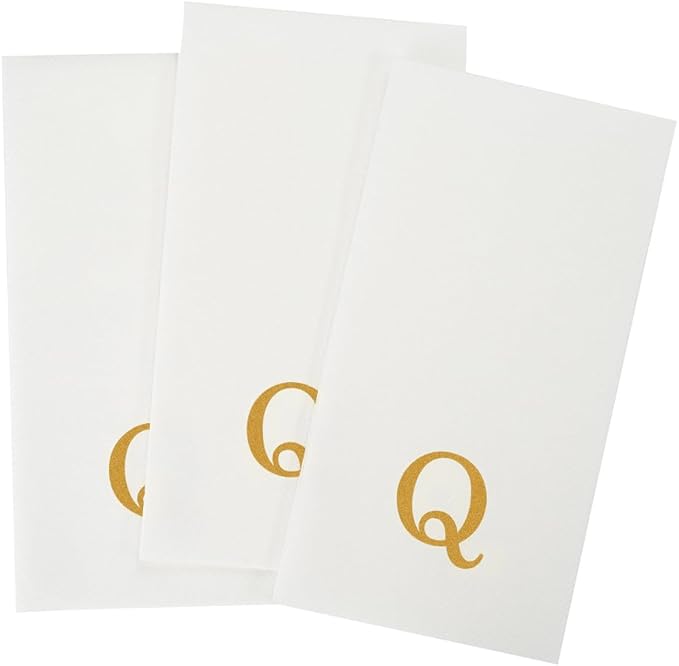 Luxenap 15.8 X 7.9 Inch Linen-Feel Guest Towels, 50 Lettered Hand Towels - Gold Letter 'Q', Sans Serif Font, White Paper Dinner Napkins, airlaid, For Restrooms And Tables