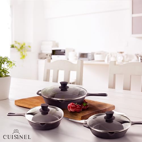 Cast Iron Skillets Set + Glass Lids (8"+10"+12")