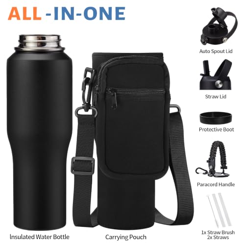 32 oz Insulated Water Bottle Fits Car Cup Holder with Straw Lid & Auto Lid (Onyx Black / 32 Ounces)