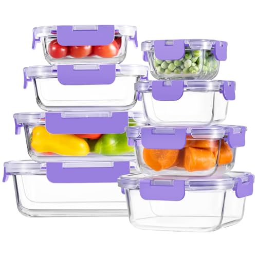 8 Pack Glass Food Storage Containers with Snap Locking Lids for Meal Prep (Purple / 8 Pack)