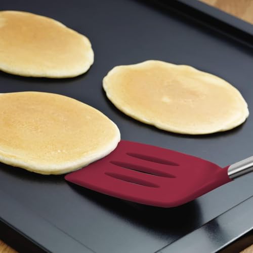 Silicone Cooking Utensil Set of 6 Stainless Steel Handle Ladle Slotted Turner Tongs Flex Core Spatula Scraper Mixing Spoon & Potato Masher (Cayenne)