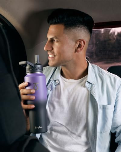 32 oz Water Bottle Insulated Fits in Any Car Cup Holder with 2 Lids (32 Ounces / Dark Purple)