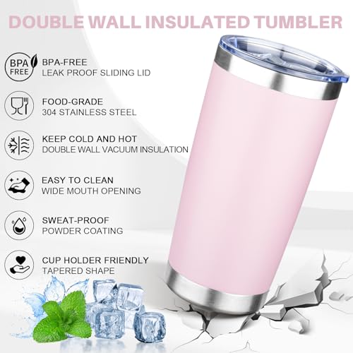 20oz Tumbler with Lid Double Wall Vacuum Insulated Travel Coffee Mug Stainless Steel Thermal Cup Powder Coated Sturdy Coffee Tumbler Bulk for Hot and Cold Beverage (20 Ounces / Pink)