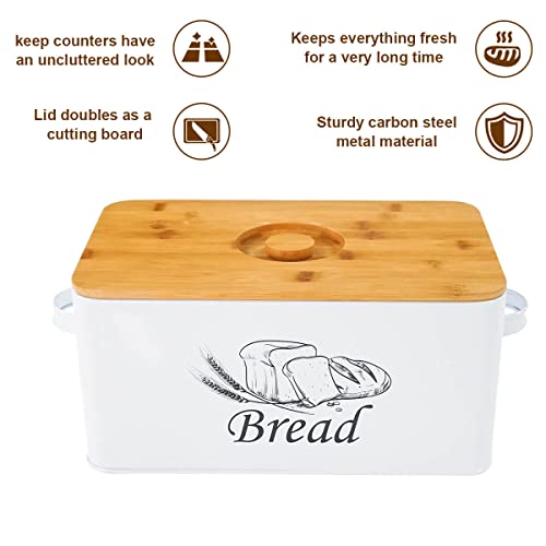 Bread Box with 3pcs Jars Coffee Sugar Tea for Kitchen Countertop White Metal Bread Box with Bamboo Board Cover Pastry Storage Container Set Kitchen decor (White Box)