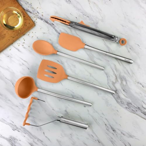 Silicone Cooking Utensil Set of 6 Stainless Steel Handle Ladle Slotted Turner Tongs Flex Core Spatula Scraper Mixing Spoon & Potato Masher (Apricot)