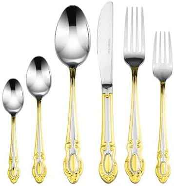 Venezia Collection Gold Flatware Serving Set for 12, 75-Pc Luxury Dining Silverware Cutlery Service, 24 Kt 18/10 Premium Surgical Stainless Steel Hostess Set in a Wooden Storage Case Chest