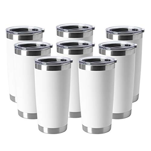 20oz Tumblers Bulk Stainless Steel Cup with Lid Double Wall Vacuum Insulated Coffee Mug for Cold & Hot Drinks 8 Pack (White-A / 8 Count (Pack of 1))