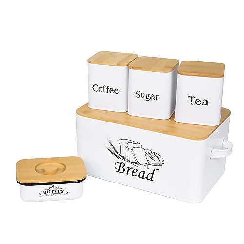 Bread Box with 3pcs Jars Coffee Sugar Tea for Kitchen Countertop White Metal Bread Box with Bamboo Board Cover Pastry Storage Container Set Kitchen decor (Bread Box with Butter Dish)