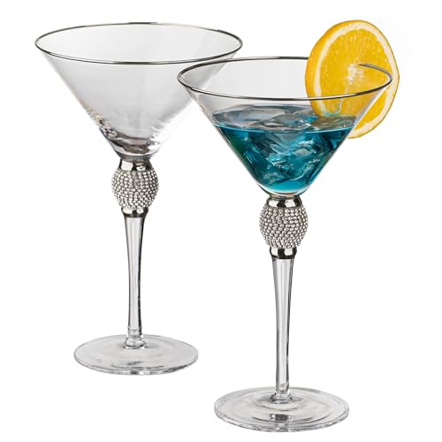 2 Piece Premium Clear Stem Crystal Martini Glasses with Silver Rim and Diamond