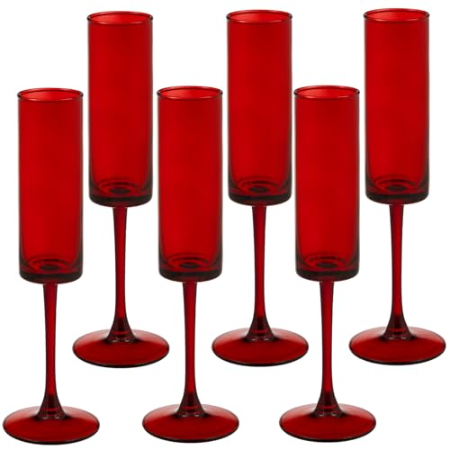 6 Pieces Red Champagne Flutes 6 OZ Straight Sided Wine Glasses Champagne Long Stem Drinking Colored Glasses (6 Count)