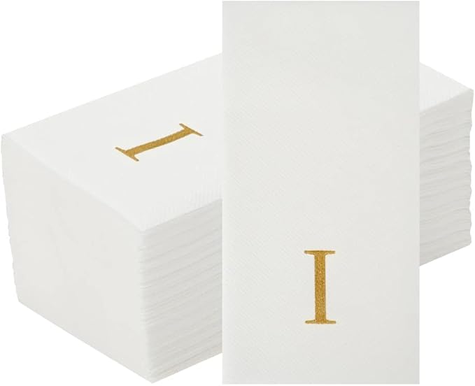 Luxenap 15.8 X 7.9 Inch Linen-Feel Guest Towels, 50 Lettered Hand Towels - Gold Letter 'I', Sans Serif Font, White Paper Dinner Napkins, airlaid, For Restrooms And Tables