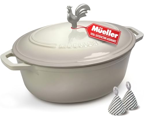 5.5 Quart Enameled Cast Iron Oval Dutch Oven with Rooster Knob & Cotton Potholders