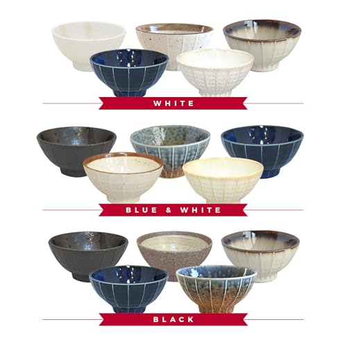 Set of 5 Japanese Ceramic Striped Ichichin Rice Bowls (Blue and White)