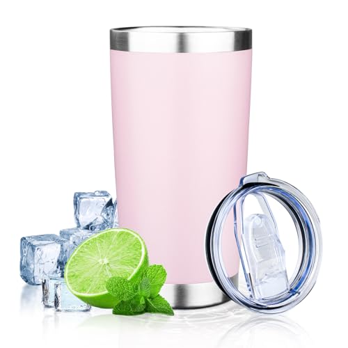 20oz Tumbler with Lid Double Wall Vacuum Insulated Travel Coffee Mug Stainless Steel Thermal Cup Powder Coated Sturdy Coffee Tumbler Bulk for Hot and Cold Beverage (20 Ounces / Pink)