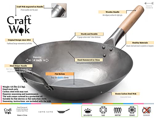 Flat Hand Hammered Carbon Steel Pow Wok with Wooden and Steel Helper Handle (14-inch)