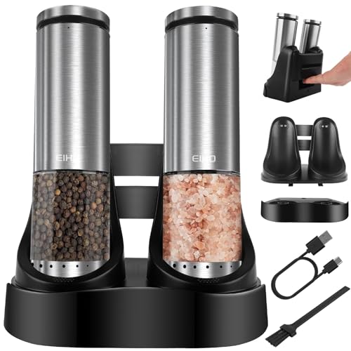 Electric Salt and Pepper Grinder Set USB Rechargeable (Charging Base-Stainless Steel Set)