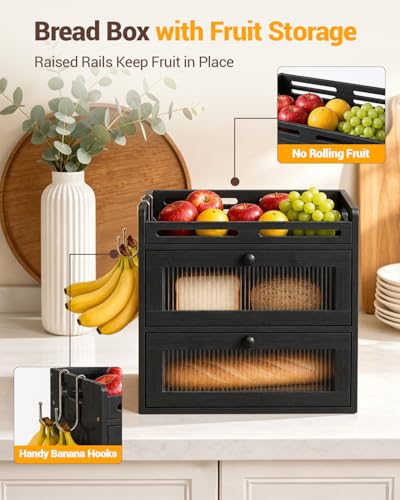 Bread Box for Kitchen Countertop (Black / 2-Tier)