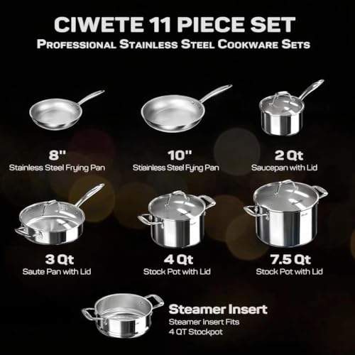 11-Piece Tri-Ply Stainless Steel Pots and Pans Set, 18/10 Stainless Steel Cookware Set with Steamer Insert, Induction Kitchen Cookware Sets with Cool Ergonomic Handles, Dishwasher, Oven Safe (11 Count)