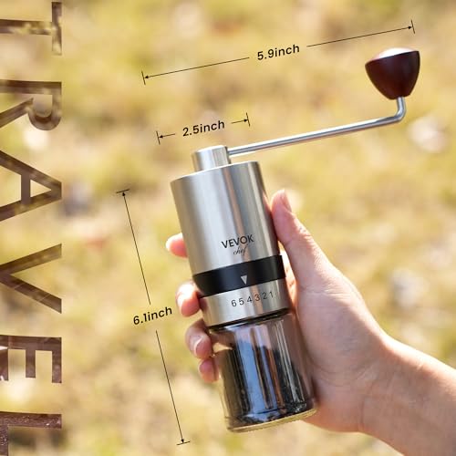 Manual Coffee Grinder Stainless Steel Burr Grinder 6 External Adjustable Setting Vintage Hand Coffee Grinder Portable Hand Crank Conical Coffee Bean Grinder Mill for Home (Silver)