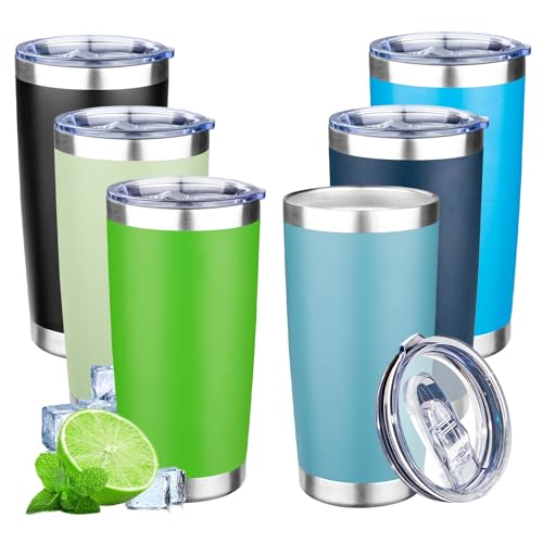 20oz Tumbler with Lid Double Wall Vacuum Insulated Travel Coffee Mug Stainless Steel Thermal Cup Powder Coated Sturdy Coffee Tumbler Bulk for Hot and Cold Beverages (20 Ounces (6 Pack) / Black-Navy blue-Blue-Green-Green tea-Glacier blue)