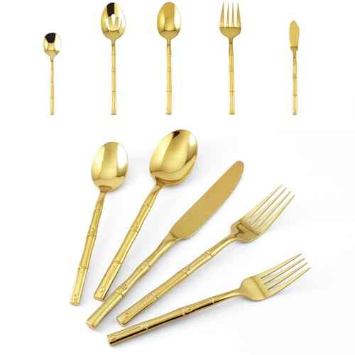Silverware Serving Set Gold Flatware Set Stainless Steel Bamboo Handle Cutlery Set Mirror Polished 65 Pieces for Home Kitchen Restaurant Hotel Wedding Housewarming Gift Service for 12