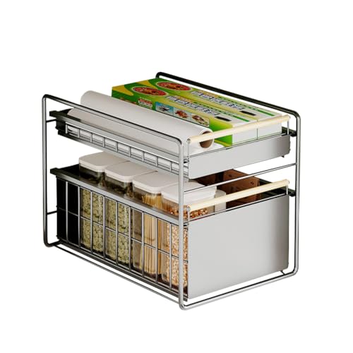 2 Tier Stainless Steel Pull Out Cabinet Organizer ([Black] Free Installation)