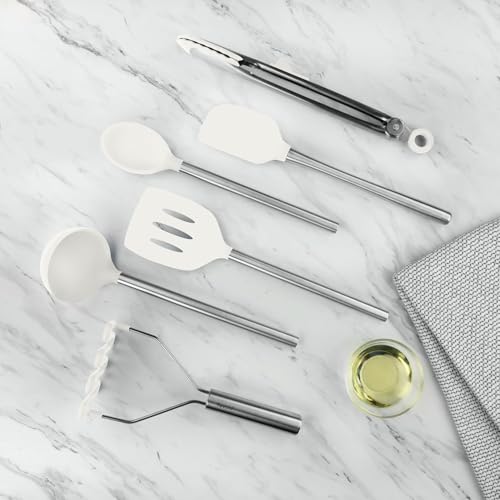 Silicone Cooking Utensil Set of 6 Stainless Steel Handle Ladle Slotted Turner Tongs Flex Core Spatula Scraper Mixing Spoon & Potato Masher (White)